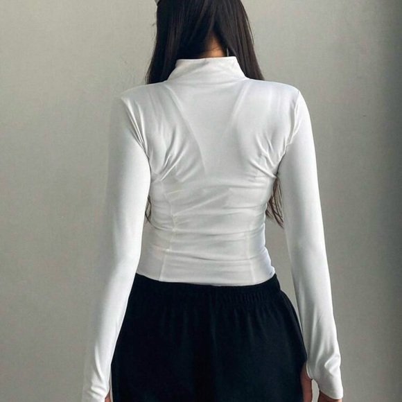 White Elastic Mock Neck Fitted Long Sleeve Zip Up Jacket Women’s - Picture 2 of 8